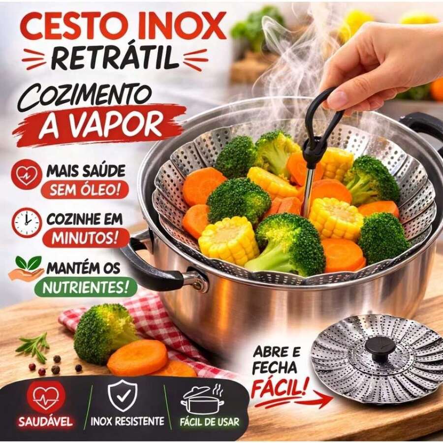 Cesto Inox Retrátil Cozimento a Vapor Para Panela – Legumes Saudáveis Sem Óleo - Visão 1