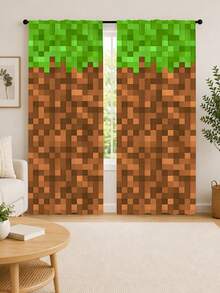 2pcs Pixel Art Block Print Curtains, Game Mosaic Pixel Pattern Semi-Sheer Curtains, Creative Personalized Boys Children's Bedroom Decor Window Curtains, Multiple Styles Available - Multi-color B - View 1