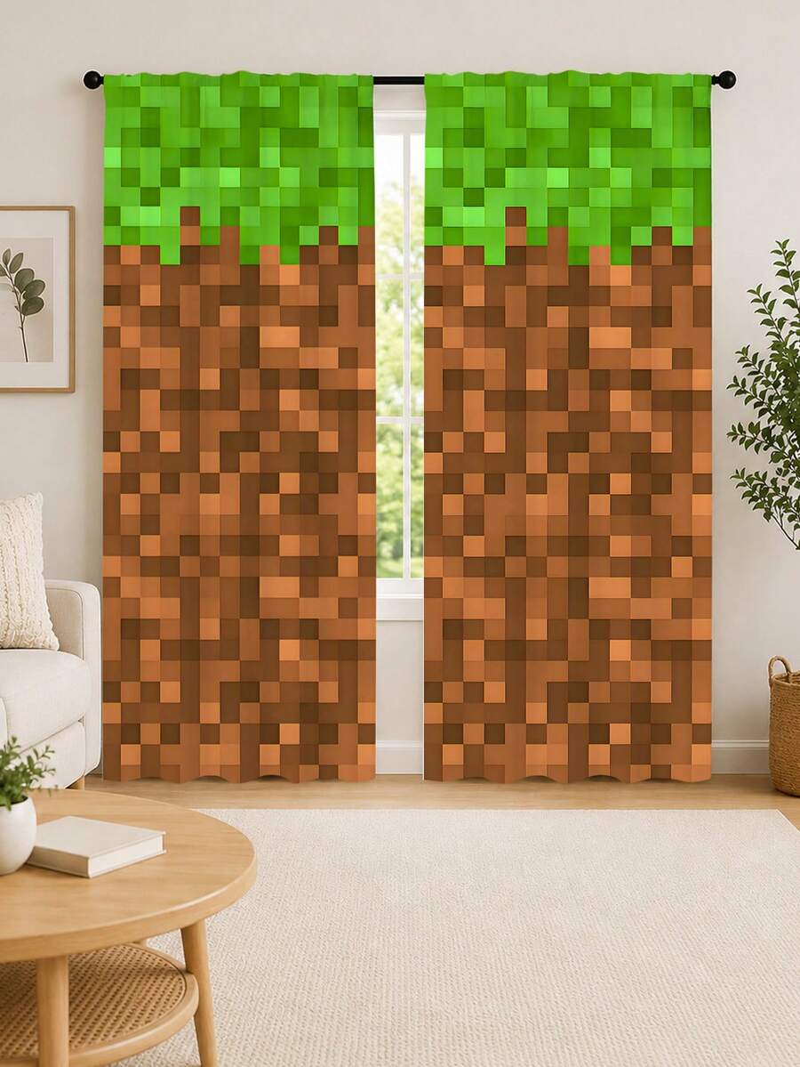 2pcs Pixel Art Block Print Curtains, Game Mosaic Pixel Pattern Semi-Sheer Curtains, Creative Personalized Boys Children's Bedroom Decor Window Curtains, Multiple Styles Available - Multi-color B - View 1