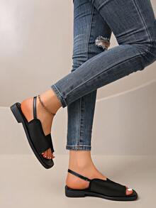Women's Square Toe Flat Sandals, Summer Minimalist Back Strap Open Toe Casual Versatile Low Heel Shoes - Black - View 6