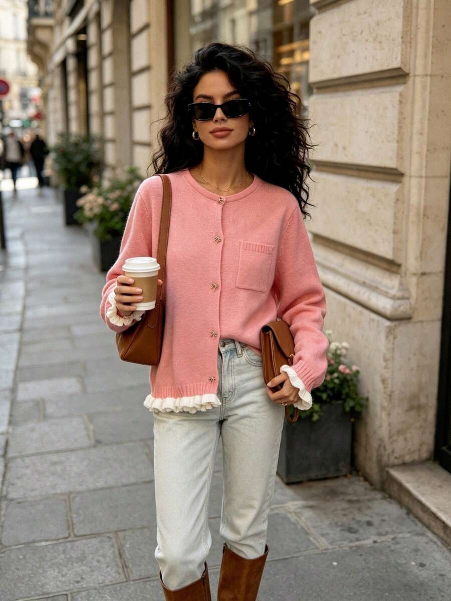 Cárdigan de punto con bolsillo, lazo, botones y contraste de color, estilo casual para mujer, otoño/invierno - Rosa - Ver 1