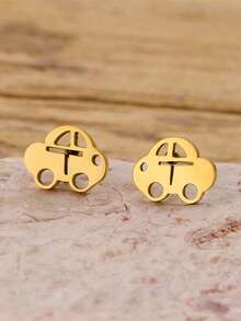 1 Pair Golden Stainless Steel Cartoon Car Stud Earrings, Dainty Cute Tiny Auto Vehicle Ear Jewelry For Women Daily Outfit - GED893 - View 9
