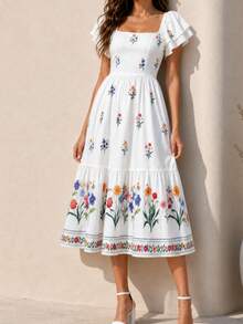 White French Elegant Floral Print Square Neck Ruffle Sleeve Tiered Midi Dress, Modest High Waist A Line Vacation Beach Summer Long Dress For Women - White - View 7