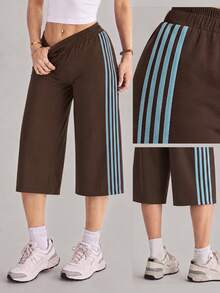 Sodalemon Women's Colorblock Loose Casual Sports Capris, Elastic Waistband, Side Pockets, Training Fitness Workout Shorts - Coffee Brown - View 9
