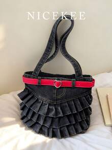 Nicekee Niche Design Multi-Layer Skirt Edge Pleated Shoulder Bag, Heart-Shaped Decorative Buckle, Casual Underarm Bag Suitable For Shopping Dating - Black - View 2