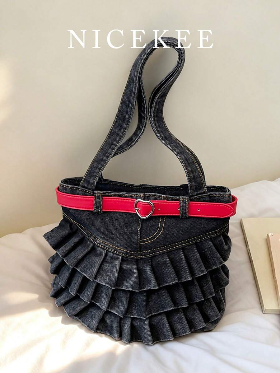 Nicekee Niche Design Multi-Layer Skirt Edge Pleated Shoulder Bag, Heart-Shaped Decorative Buckle, Casual Underarm Bag Suitable For Shopping Dating