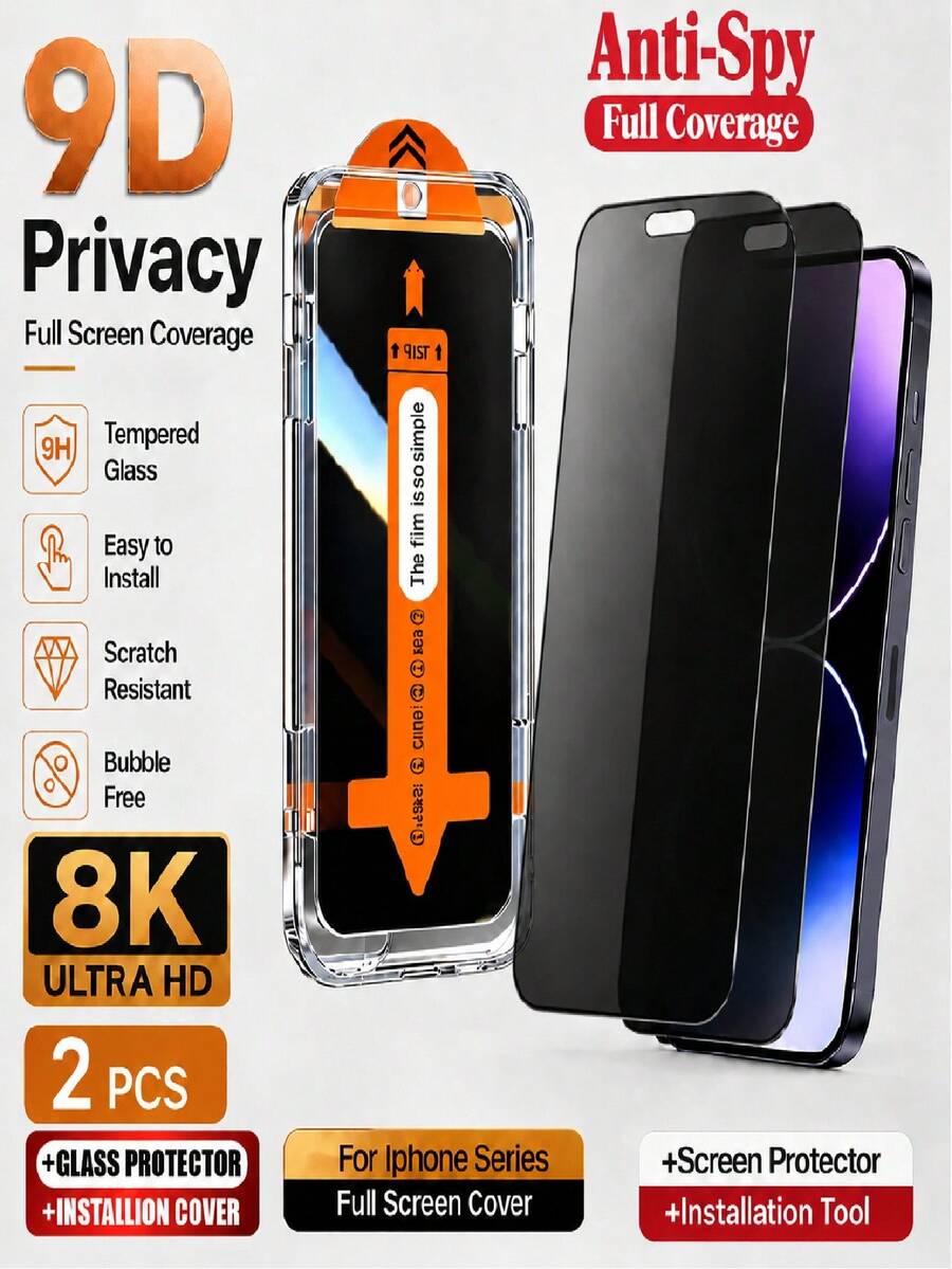 2pcs One-Click Privacy Tempered Glass Screen Protector Compatible With IPhone 17 Pro Max/17 Air/16 Pro Max/17/16/15/14/13/12/11/16e/Pro Max/Plus/Mini/X/XR/XS Max 9H Hardness, One-Click Film Applicator, Anti-Scratch - Black - View 1
