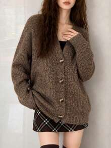 Women's Autumn Casual Minimalist Slouchy New Yarn Loose V-Neck Knit Cardigan Jacket Fall - Coffee Brown - View 4
