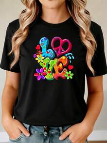 Women's Casual Black Short-Sleeve Round-Neck T-Shirt, Printed With Interesting Cartoon Patterns, Including The Word "LOVE," Regular Fit - 黑色 - 查看 1