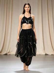 Crop Top Halter Berkilau dengan Payet Bulat dan Celana Harem Jala Berlapisan Emas untuk Latihan Tari Perut & Pemotretan Video (Tersedia dalam Berbagai Warna) - MultiWarna - View 5