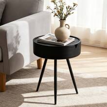 Modern Round Rattan Side Table – Coffee Table & Nightstand For Living Room, Outdoor Use, Small Cocktail Tea Desk - Black - View 4