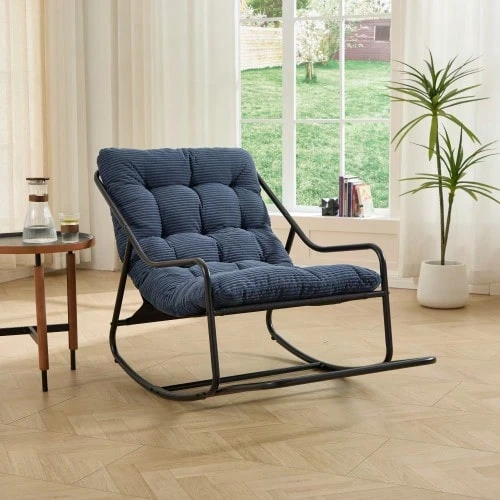 Outdoor Rocking Chair With Thick Soft Cushion, For Living Room, Bedroom, Reading Room, Black Frame With Navy Blue Cushion - 藏蓝色 - 查看 1