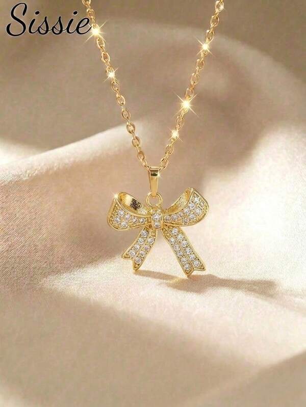 1pc Girls Exquisite Fashion Shiny Sweet Bow Cubic Zirconia Pendant Necklace, Children's Birthday Gift And Daily Wear Gold Jewelry, Back To School Season