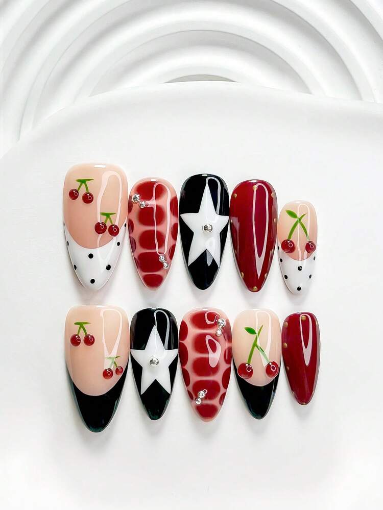 10Pcs Y2K Millennial Style Handmade Press On Nail,Polygel Nail Set,Cherries,Stars,Polka Dots Pattern,Black And Red Nail Polish,Edgy Girly Style,Includes Nail Tools,3 Sizes Available,Square,Short Square,Almond,Nails For Party,Dance,Daily Wear. - Multicolor - View 12