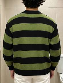 1pc Boys/Teenagers Back To School Season Minimalist Striped Colorblock Sweater - Green - View 2