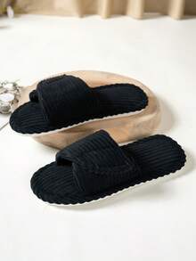 Women's Strap Flat Hook And Loop Non-Slip Wear-Resistant Solid Color Open Toe Low Heel Fuzzy Slippers Home Comfortable Rabbit Fur Faux Fur - Black - View 4