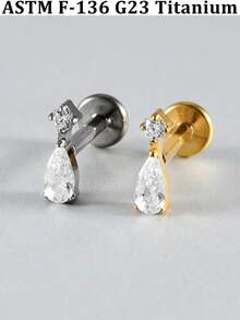 1PC Elegant G23 Solid Titanium Cross Star Waterdrop CZ Flat Labret 16G Internal Threaded Lip Nose Ear Cartilage Conch Piercing Lobe Earring Decoration - Titanium Color - View 3