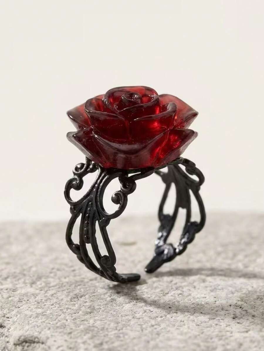1pc Vintage Gothic Rose Victorian Open Ring, Dark Personalized Adjustable Red Filigree Women's Ring, Suitable For Daily Wear, Party, Music Festival, Halloween, Jewelry Accessory - Multicolor - View 1