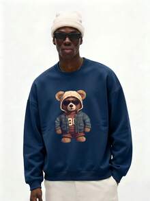 Sudadera holgada de cuello redondo con estampado de oso de manga larga y diseño versátil casual para hombres, ideal para el otoño - Azul Marino - Ver 1