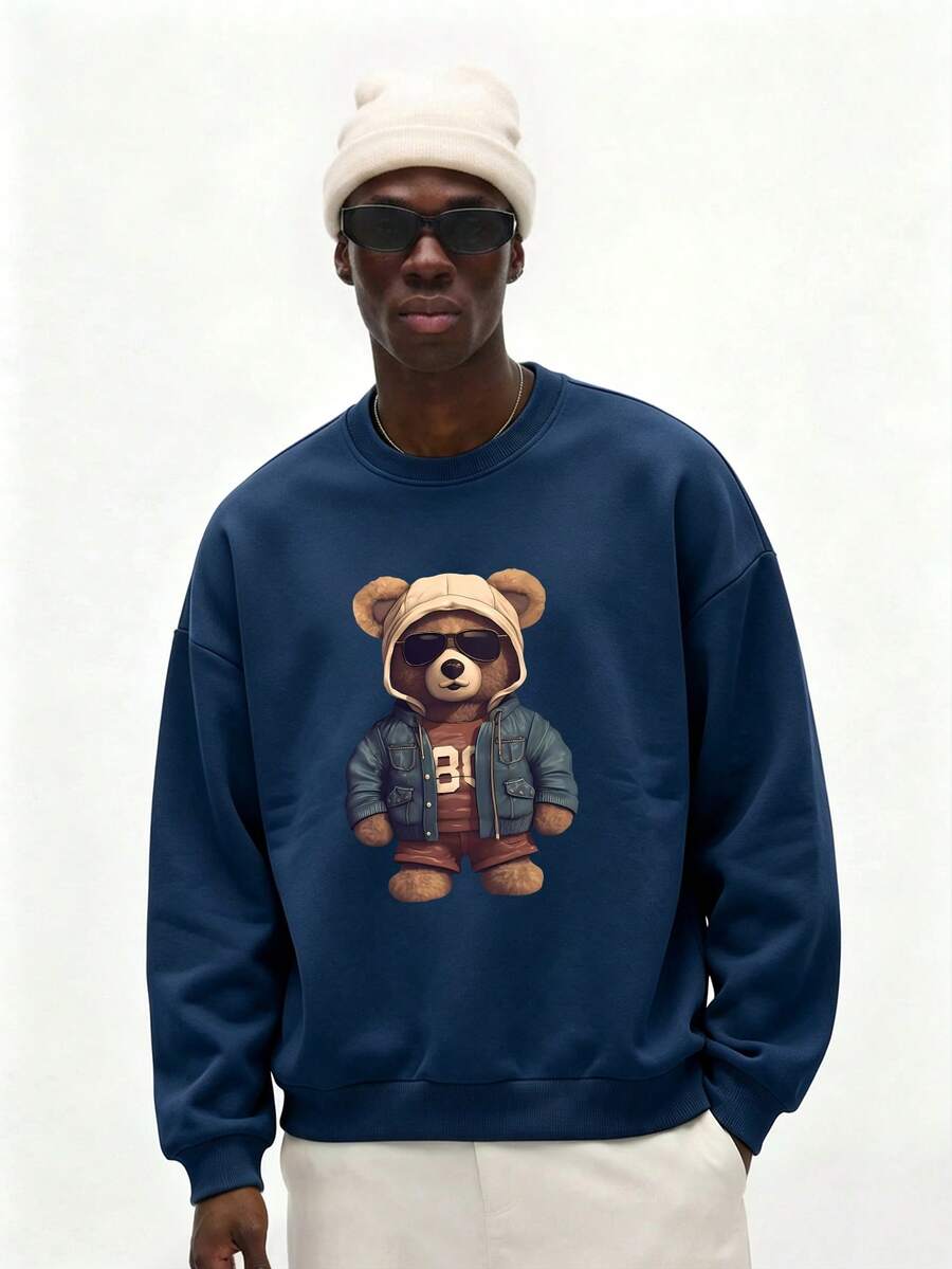 Sudadera holgada de cuello redondo con estampado de oso de manga larga y diseño versátil casual para hombres, ideal para el otoño - Azul Marino - Ver 1