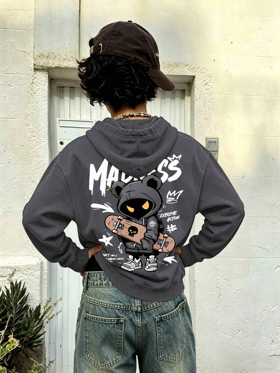 Street Skateboard Boy Sweatshirt, Madness Cartoon Bear Skateboard Back Print Soft Autumn/Winter Campus Top - Dark Grey - View 1