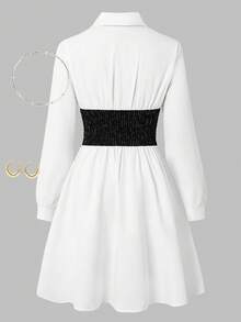 Autumn Girls Fashion Casual Striped Colorblock Shirt Midi Dress - Black and White - View 2
