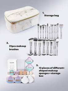 MAANGE 1/13/35件組化妝工具套組，包含化妝刷 + 化妝包 + 粉撲 + 刷具收納架，含蜜粉刷、腮紅刷、修容刷、輪廓刷、底妝刷、鼻影刷、眼影刷、眼線刷、眉刷、唇刷，日常化妝配件，旅行必備便攜裝，適合送禮，女孩喜愛的禮物 - 銀色 - 查看 3