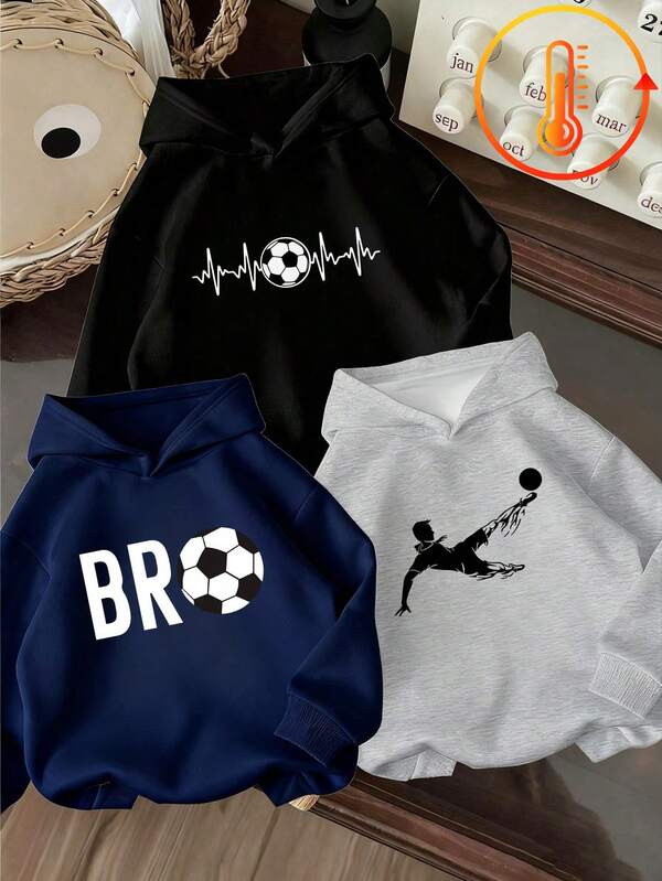 3pcs-Tween Boy 3-Piece Set Fun Print Sweatshirt, Autumn/Winter Warm & Comfortable Thermal Lined Hooded Pullover Sweatshirt