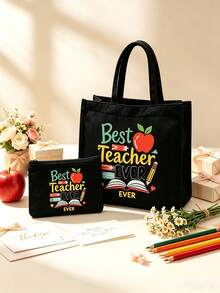 Teacher Theme Black Linen Tote Bag Set, Includes Large Tote Bag + Small Coin Purse, Printed With Best Teacher Ever Apple Design, Large Capacity Durable Canvas Material, Perfect Gift For Teacher's Day, Suitable For Students To Purchase And Give To Teachers, Daily Commute, Lesson Planning, Book And Stationery Storage - Multicolor - View 4