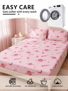 1pc Pink Space Planet Pattern Fitted Sheet, Bedding, Mattress Protector, Home Textile, Soft, Wrinkle-Resistant, Breathable & Comfortable, Suitable For All Bed Sizes, Dorm Bedding, Home Decor, Pillow And Pillowcase Not Included, Deep Pocket, Back To School - Multicolor - View 6