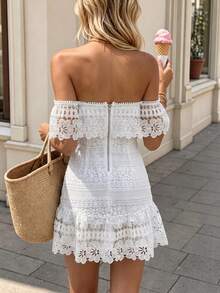 Summer Women's French Style White Hollow Lace Off-Shoulder Cold Shoulder Cinched Waist Ruffle Hem Short Dress, Suitable For Vacation, Date, Beach - White - View 8