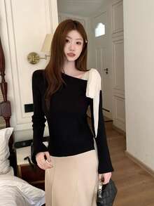 French Chic Style Women's Autumn/Winter Knit Sweater Base Layer, Slanted Neckline With Tie Detail, Slim Fit Top - Black - View 3