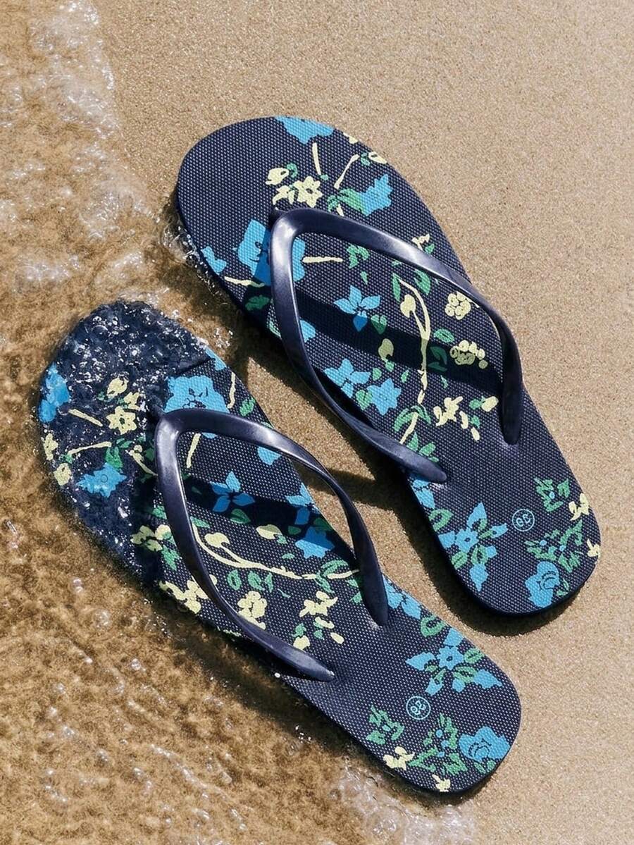 Grefit 印花平底家用沙滩人字拖，鞋底饰有花朵图案，适合夏季度假、春假穿着，打造休闲沙滩风。春夏新款女式度假沙滩婚礼鞋，复活节穿着舒适便捷。 - 藍色 - 查看 1