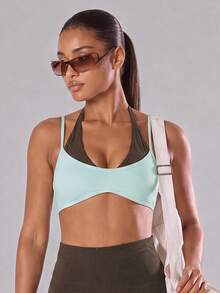 Sodalemon Women's Colorblock 2 In 1 Sports Bra, Adjustable Spaghetti Strap Halter Neck Yoga Fitness Top, Gym Workout Pilates Activewear - Baby Blue - View 8