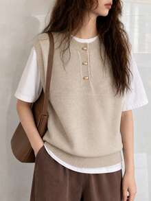 Women's Autumn Minimalist Casual Half-Open Knit Pullover Vest Fall - Apricot - View 1