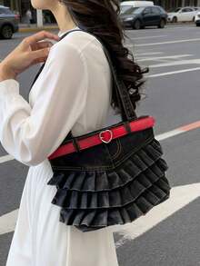 Nicekee Niche Design Multi-Layer Skirt Edge Pleated Shoulder Bag, Heart-Shaped Decorative Buckle, Casual Underarm Bag Suitable For Shopping Dating - Black - View 4