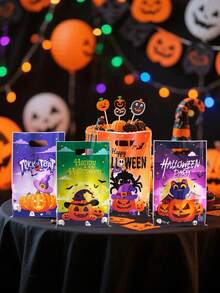 20/50pcs Halloween Plastic Gift Bags, Ghost Bat Pumpkin Print With Handle Candy Bags, Game Theme Party Boys Girls Halloween Supplies - Multicolor - View 9