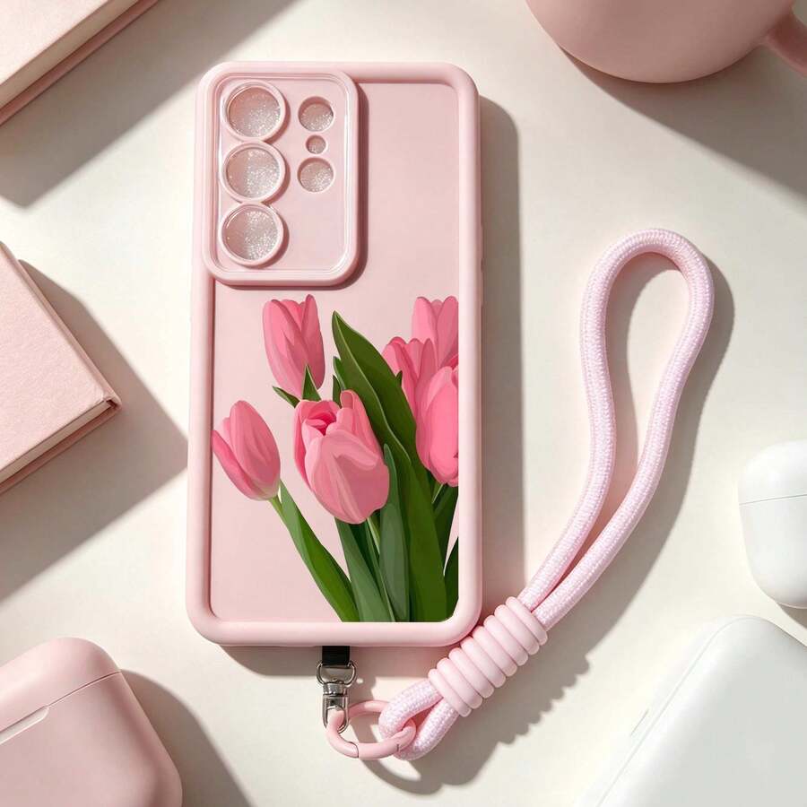 1 buah Casing Ponsel Pelindung Minimalis TPU Tebal Anti Jatuh Motif Tulip Merah Muda dengan Aksesori Tali Tangan yang Dapat Dilepas Cocok untuk Penggunaan Sehari-hari Anak Perempuan Serbaguna Kompatibel dengan Galaxy S26/S25/S24/S23/Galaxy A17/A57/ Y17S/ A3X/ A40 dan Honor 200/ Smart 8/ G22 Model Android - Berwarna merah muda - View 1