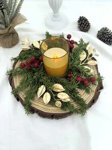 1/2pcs Red Berry & Gold Leaf Wreath - Artificial Green Pine Needle Candle Ring For Wedding Table Centerpiece, Holiday And Party Decor - A - View 3