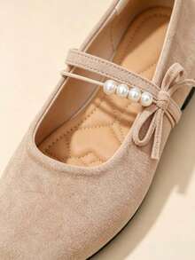 Women's Faux Pearl Decor Daily Wear Versatile Fashion Flat Shoes - Apricot - View 5