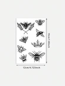 1 Sheet Minimalist Sketch Bee Temporary Tattoos Set, Assorted Honeybee Patterns With Leaf Branch & Crown Design Fake Tattoo Stickers, Waterproof Dainty Arm Decor, Nature Insect Accessories For Men Women - Black - View 6