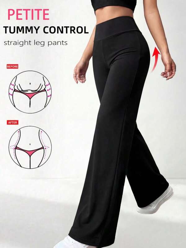 Petite Solid Color High Waist Casual Straight Stretch Pants Black, Work To Weekend