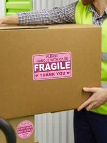 100pcs/10sheet Pink Fragile Stickers With Caution Warning Stickers Thank You Stickers For Moving Express Shipping And Packaging Permanent Adhesive Labels 3inchx2inch - Cartoon - View 5
