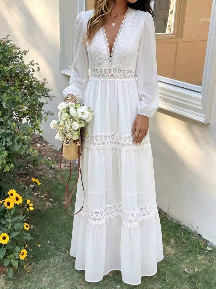 Elegant Chiffon Maxi Dress, Sexy V-Neck, Suitable For Party; New Year's Eve Gown, With Segmented Lace Trim And Multi-Layered Ruffles, White