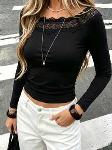 French Lace Patchwork Elegant Black Top For Women, Casual Slimming Fitted T-Shirt, Autumn Outfit - Black - View 8
