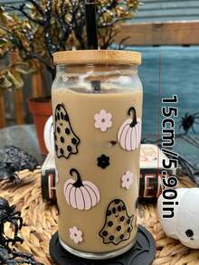 Light Pink Pumpkin Floral Cute Ghost Glass Cup, Transparent High Borosilicate Material, Autumn Halloween Portable Takeout Fruit Tea Cold Drink Cup - Multicolor - View 5