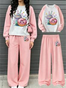 2pcs Set Suitable For Young Girl And Girls, Round Neck Sweatshirt And Wide Leg Pants Outfit, Printed With Cartoon Pearl Milk Tea And Donut Pattern Round Neck Sweatshirt + Wide Leg Pants Matching Set, Suitable For Autumn/Winter Daily Wear, Campus Style, Homecoming Outfit - Multicolor - View 11
