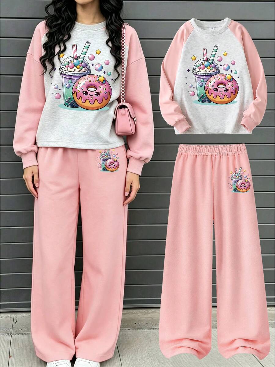 2件組適合小女孩與女孩，圓領衛衣與寬腿褲套裝，印有卡通珍珠奶茶與甜甜圈圖案圓領衛衣 + 寬腿褲套裝，適合秋冬日常穿著，校園風，返校穿搭 - 彩色 - 查看 1