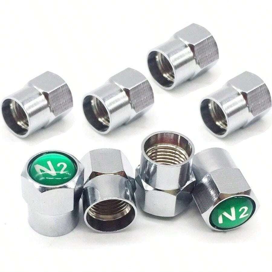 8x N2 Nitrogen Green Copper Tire Valve Caps Rim Proof Covers With Logo Auto Accessories Silver - Multicolor - View 1