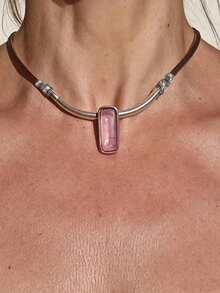 1pc Women's Necklace, Silver Resin Material, Rectangular Pink Stone Patchwork Design, Simple Versatile Necklace, Daily Commute - Multicolor - View 1